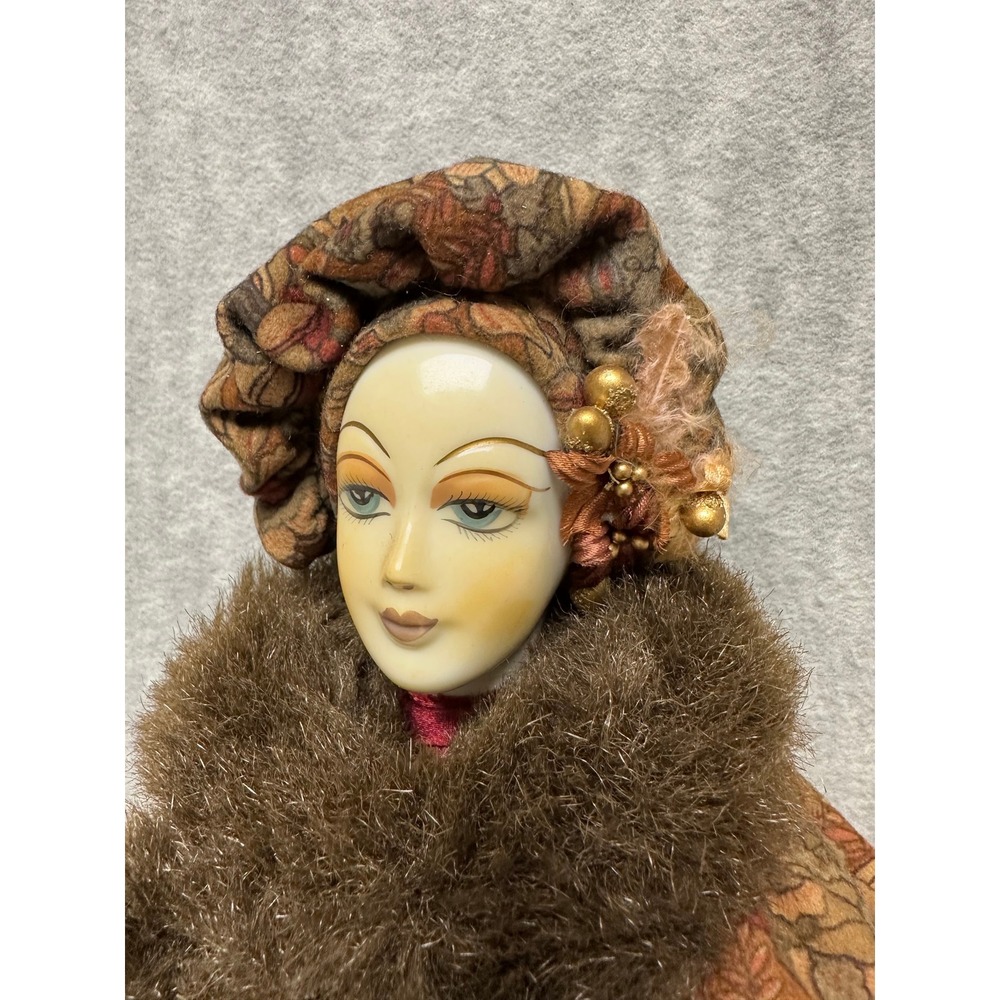 Vintage Porcelain Harlequin Doll Burgundy Satin Faux Fur Art Deco Pierrot - Picture 11 of 15